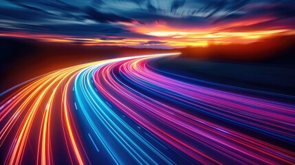 A highway with colorful light trails, symbolizing the speed and movement of digital marketing. Generative AI.
