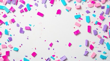 Colorful confetti pieces scattered on a white background, ideal for celebrations or crafts.