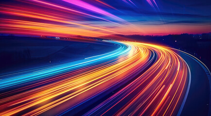 A highway with colorful light trails, symbolizing the speed and movement of digital marketing. Generative AI.