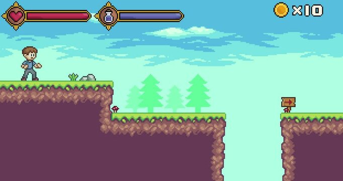 Animation of a game in pixel art and 8-bit style. Video animation of the start menu of a 2D and 8-bit game