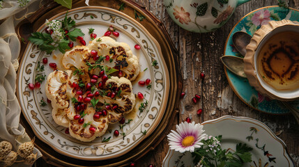 a plate of roasted cauliflower steaks, drizzled with a tahini sauce and garnished with pomegranate seeds, served with a side of herbal tea in a delicate teacup