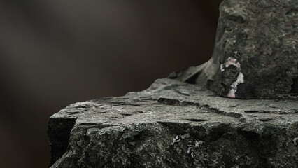 Rock, Stone Podium stand display advertising product, cosmetics with Studio Dark light wall room Background well free space for text, Cliff Rock Stone stage, Clipping paths