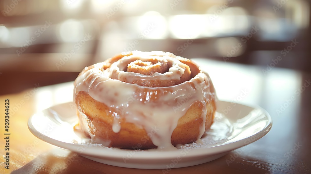 Wall mural Close-Up of a Cinnamon Roll with Glazed Icing on a Plate, Warm Ambient Light