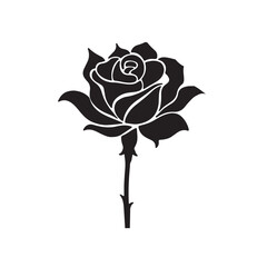 A delicate rose silhouette with smooth, flowing lines captures the elegance of a fully bloomed flower, featuring intricate petals and a slender stem.