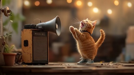 Fototapeta premium A cute fat cat standing on two legs, wearing a colored shirt and jeans, sneakers, holding a megaphone, is shouting.
