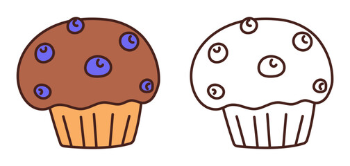 muffin with blueberries coloring page, outline cupcake vector illustration, coloring book for children, kids education, colorful, line art