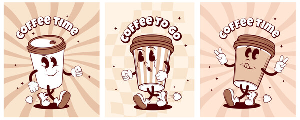 cartoon poster set with a fun character of a cup of coffee with different emotions