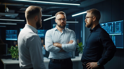 A group of officers in a briefing room, discussing industrial safety measures and security strategies.