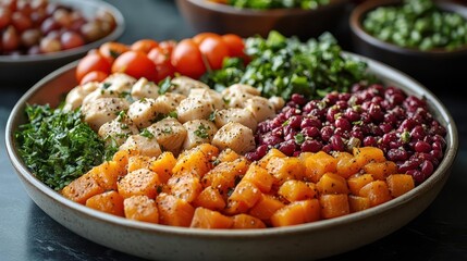 artfully arranged plate showcasing perfect balance of lean proteins colorful vegetables whole grains and healthy fats appetizing display of nutritious gourmet cuisine