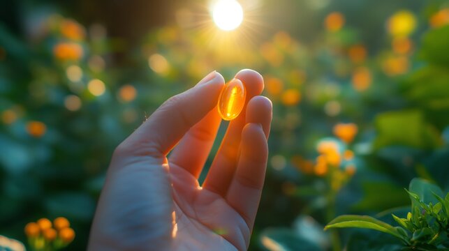 A hand holds a single capsule in front of a bright sun and yellow flowers