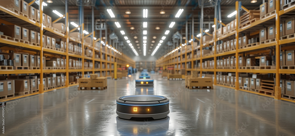 Aufkleber a clean, organized e-commerce warehouse with robots sorting and packing items for shipping, showcasi
