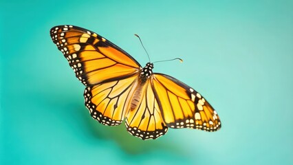 Obraz premium Monarch Butterfly in Flight Against a Turquoise Background