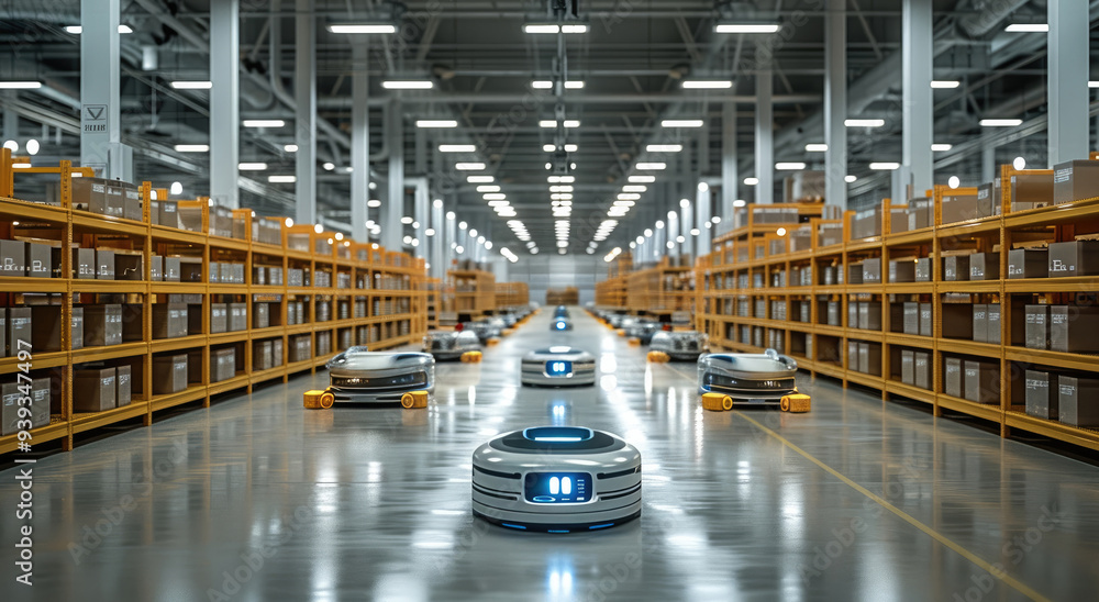 Poster a clean, organized e-commerce warehouse with robots sorting and packing items for shipping, showcasi