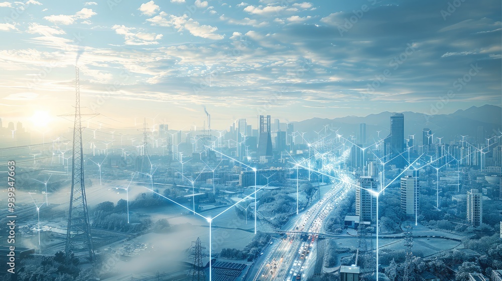 Poster a large-scale energy grid with interconnected renewable energy sources and smart grid technology. ge