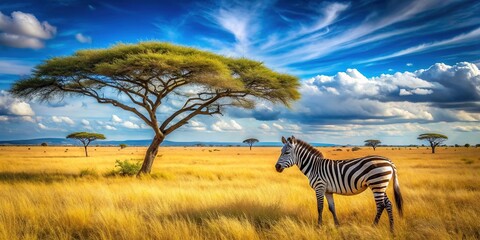 Naklejka premium Majestic zebra roaming freely in the breathtaking Serengeti savanna, surrounded by Acacia trees, under the vibrant blue sky of Tanzania's iconic national park.