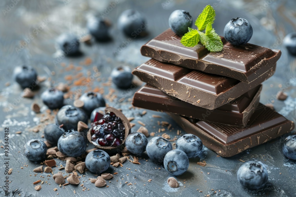 Poster stack of dark chocolate with fresh blueberries and mint resting on a slate background dusted with co