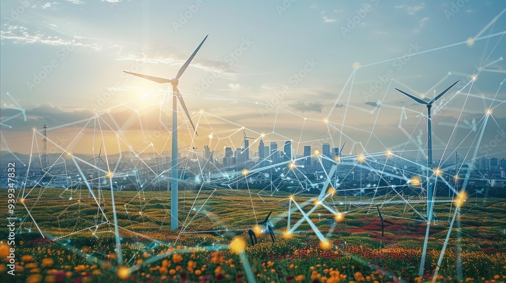 Aufkleber A large-scale energy grid with interconnected renewable energy sources and smart grid technology. Generative AI.