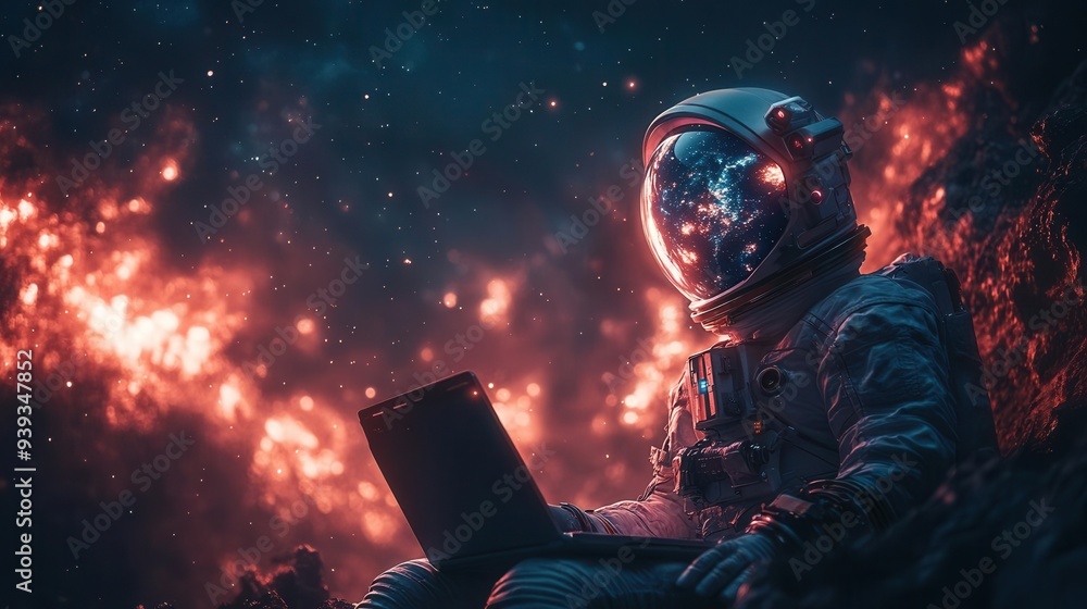 Wall mural astronaut floating in dark starry void illuminated by earths glow working on futuristic holographic laptop display