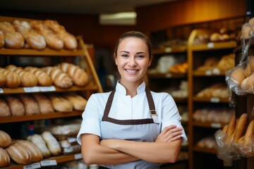Cheerful saleswoman standing confidently with arms crossed inside a vibrant retail shop setting