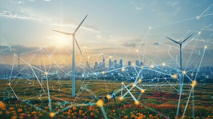 A large-scale energy grid with interconnected renewable energy sources and smart grid technology. Generative AI.