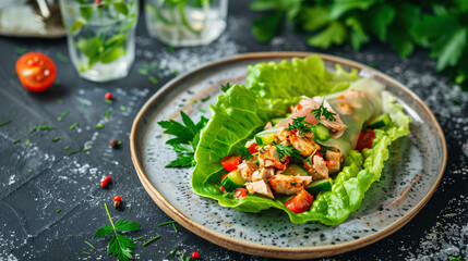 a turkey lettuce wrap, filled with diced vegetables and a light dressing, served on a ceramic plate with a side of infused water and fresh herbs