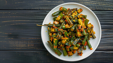 Delicious vegetarian bhindi masala stir fry with fresh okra on white plate. Bursting with flavor and spices, perfect for lunch or dinner. Top-down view offers tantalizing glimpse
