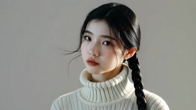 Video of asian woman model with long black hair and perfect clear fresh skin wearing white sweater on grey background. Fashion, beauty and cosmetic concept