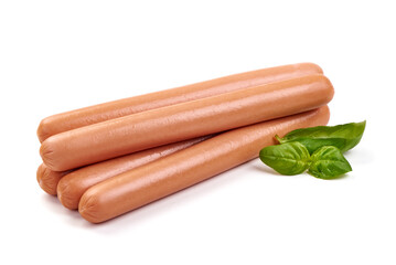 Boiled Sausages with basil leaves, isolated on a white background.