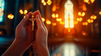 Hands Holding a Rosary in Prayer Inside a Church with Soft Warm Candlelight in the Background