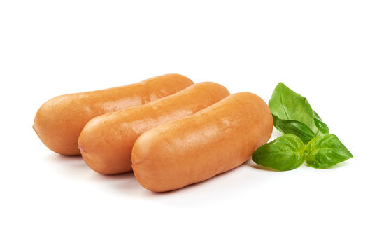 Boiled sausages, close-up, isolated on white background.