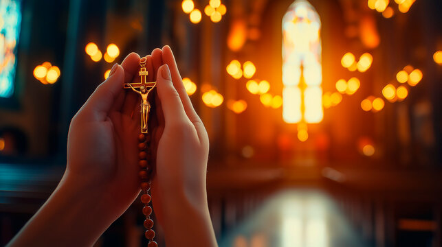 Hands Holding a Rosary in Prayer Inside a Church with Soft Warm Candlelight in the Background - Powered by Adobe