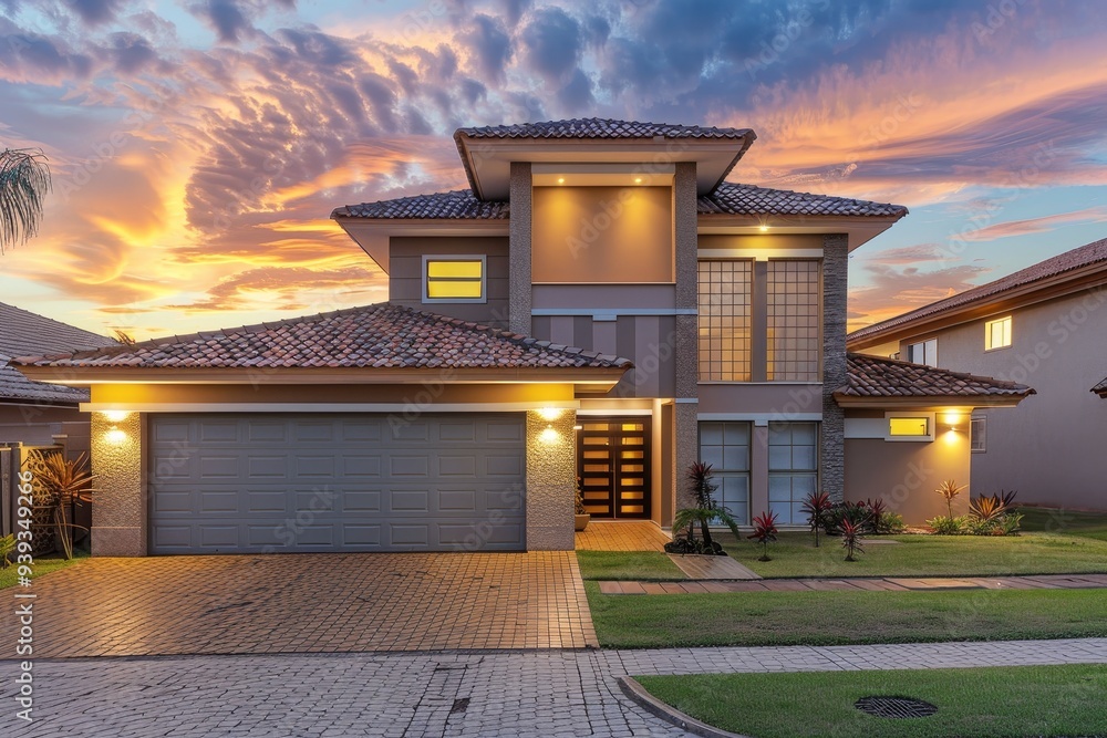 Poster A sophisticated suburban two-story house with a spacious garage and immaculate lawn, glowing under a picturesque evening sky.