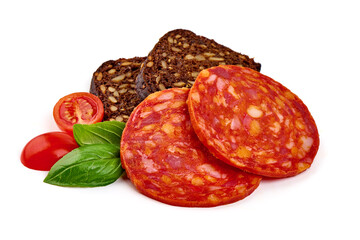 Spanish pork chorizo sausage slices, close-up, isolated on white background.