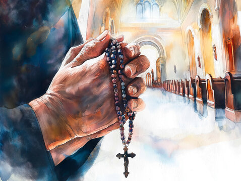 Close-Up of Elderly Hands Clutching a Rosary in Prayer Against a Soft Blurred Background