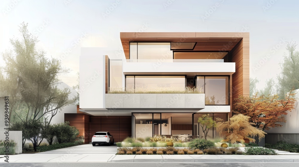 Poster A modern geometric house featuring large windows and a garage, complemented by a landscaped front yard, ideal for serene living.