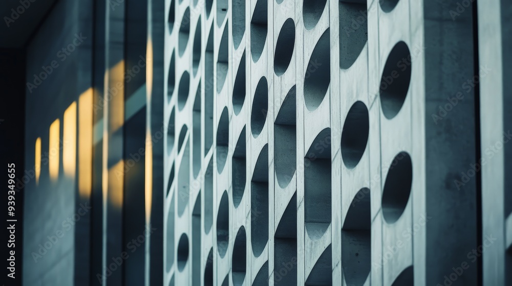 Poster modern architectural building with unique circular patterns and geometric design, highlighted by war