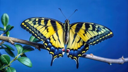 Obraz premium A Yellow and Black Swallowtail Butterfly Perched on a Twig