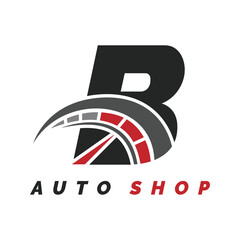 letter B logo auto mechanic with speedometer style. Alphabet B automotive speedometer design icon