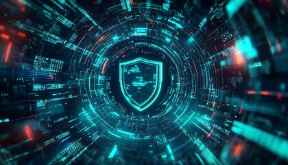 Fototapeta premium Futuristic Graphic of a Shield Icon Surrounded by Data Streams, Cybersecurity Concept