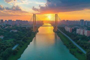 Obraz premium Landscape view of bridge across the river with cityscape view, Aerial view golden gate bridge among two island, Massive bridge across the river with sunset view.