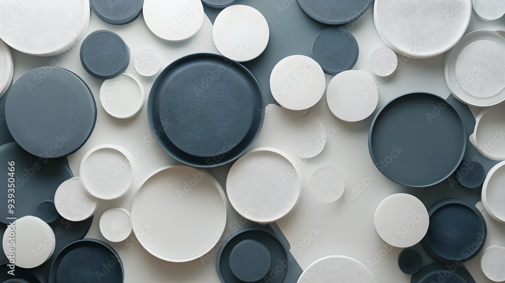 Poster 37. abstract 3d geometric forms with a backdrop of textured circular ceramic tiles