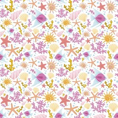 Seamless pattern with sea ocean shells, starfish, corals and fish in hand drawn style on a white background
