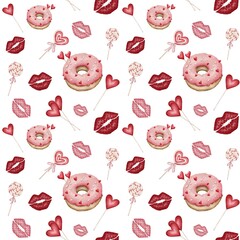 Seamless pattern with pink donuts, candy, lollipops, hearts and kisses in hand drawn style on a white background 