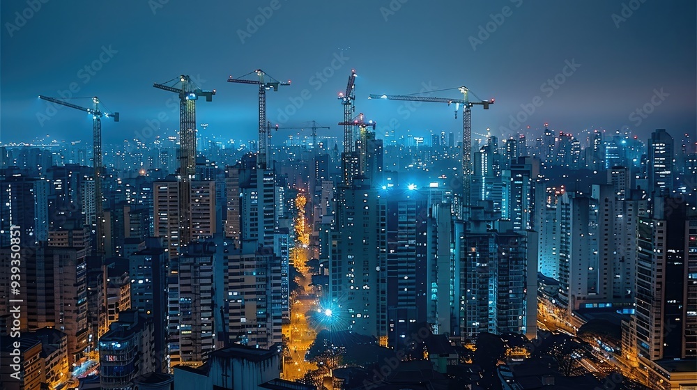 Poster a skyline of city at night with illuminated cranes. generative ai.