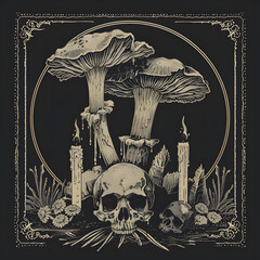 Enoki Mushroom chain and candles black and white illustration