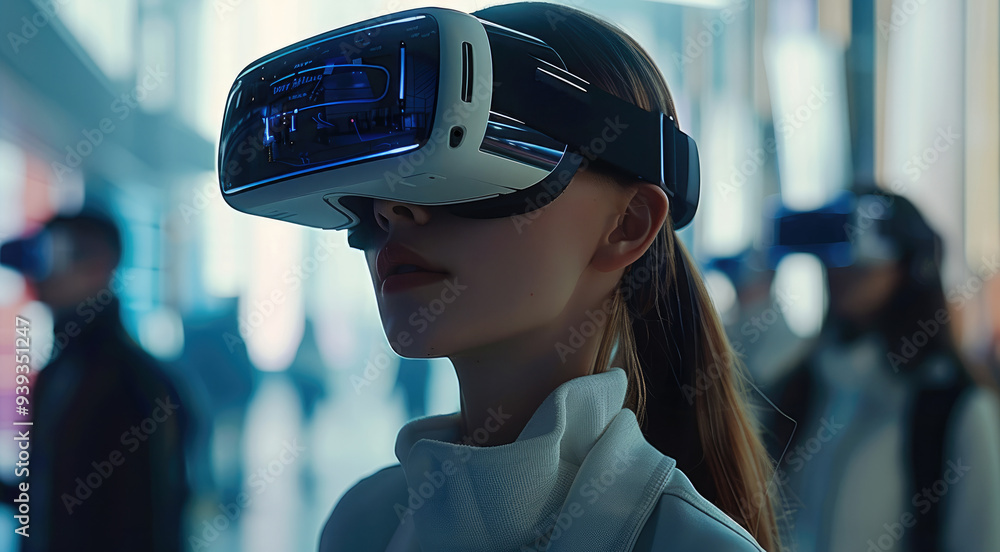 Poster people wearing vr glasses in the background is a futuristic scene full of technology. generative ai.