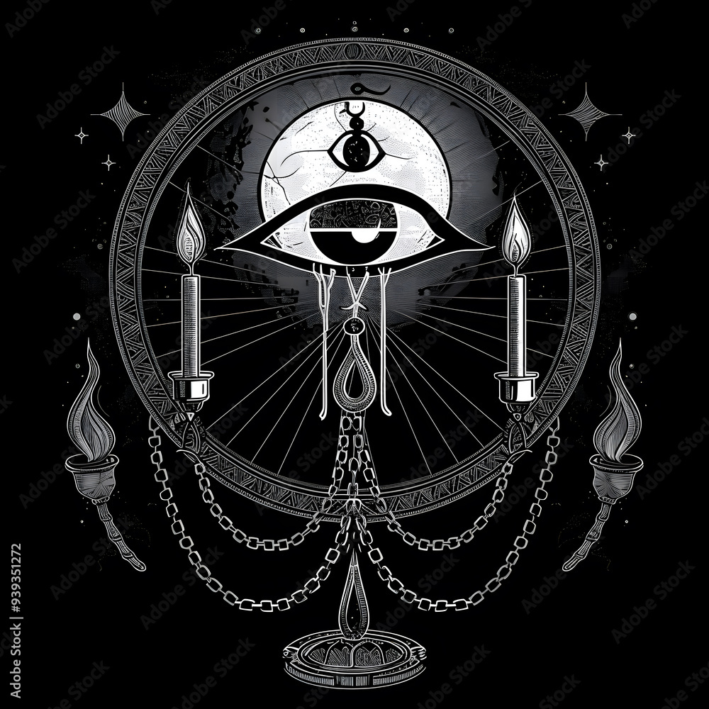 Wall mural eye of horus ancient egyptian chain and candles black and white illustration