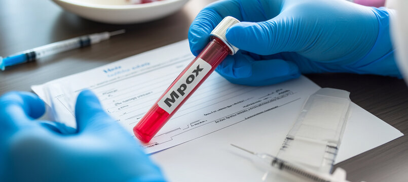 Doctor wearing medical gloves holding a blood tube with positive Monkeypox - Mpox virus Blood Sample.