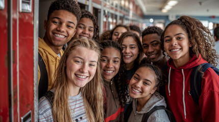 A diverse group of high school students standing in front of lockers. Multicultural, diverse children, open education, international school.