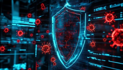 Holographic Shield with Country Data Grids and Virus Symbols, Cybersecurity Focus